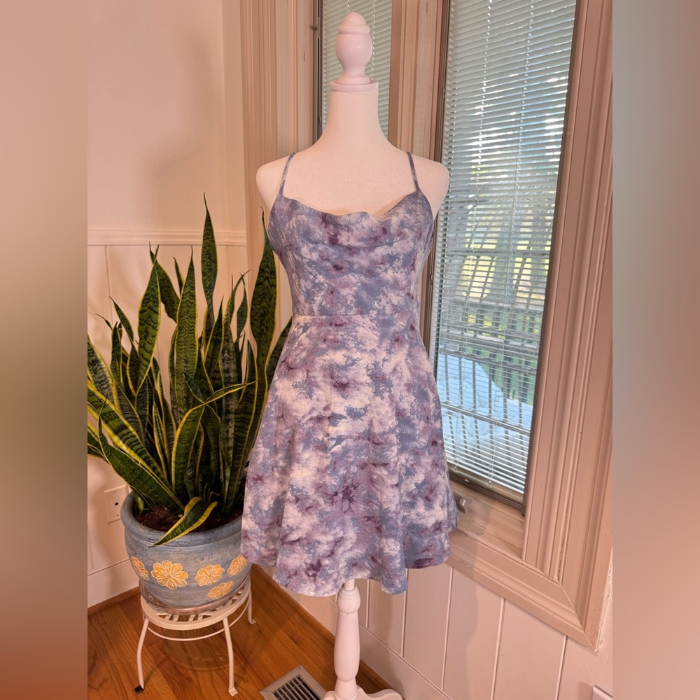 ASTR Cowl Neck Purple Blue Marble Mini Dress
